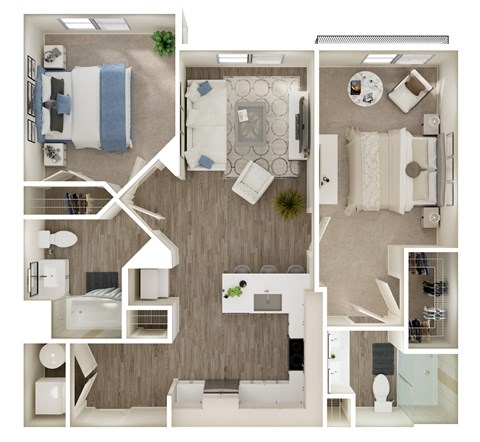 Floor plan for 2 beds, 2 baths, 964 sqft
